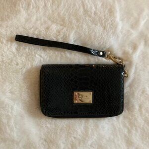 Brand New! Michael Kors Black Snakeskin Zip Wallet Wristlet – Gold Interior